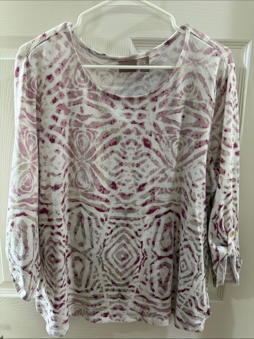 Chico's Cream & Mauve Printed 3/4 Rolled Sleeve Top Chicos 2 US 12